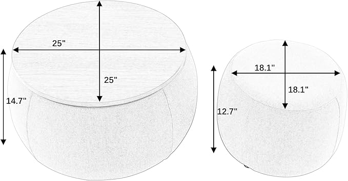 Ball & Cast Round Upholstered Storage-Ottoman Set with Wood Tray, Large Storage Coffee Table w/Footstool & Removable Lid, Dia 25" Padded Bench & End Side-Table for Living Bedroom, Light Grey