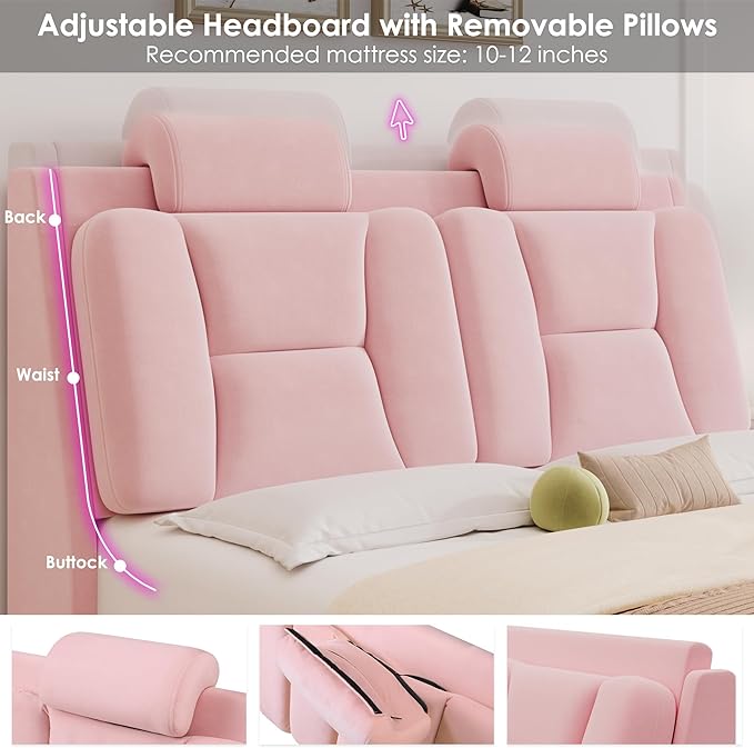 Keyluv Queen Led Car Bed Frame with Wheels Decor & Adjustable Curved Headboard Modern Upholstered Platform Bed with Detachable Pillows Solid Wooden Slats Support No Box Spring Needed, Velvet Pink