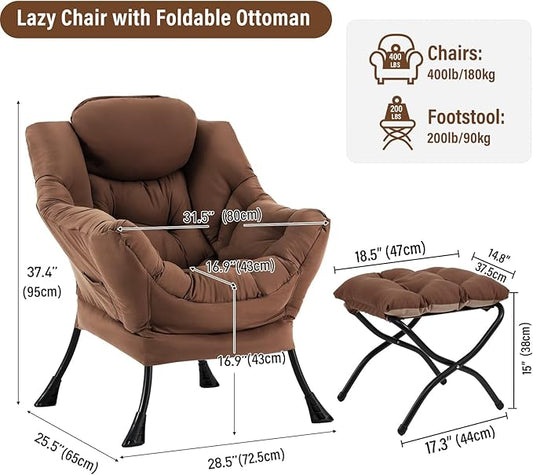 Lazy Chair with Ottoman, Modern Accent Chair with Folding Footrest, Dark Brown Sofa Chair Set, Comfortable Reading Chairs, Oversized Armchairs for Bedroom, Study, Living Room, Courtyard