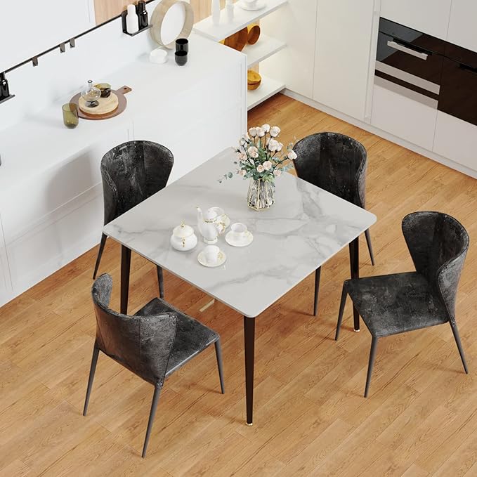 Wisfor Sintered Stone Dining Table: 32 Inch Square White Kitchen Breakfast Table with Black Metal Legs - 30 Inch High Restaurant Table for 4