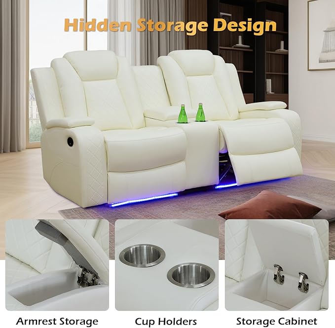 Leather Power Recliner Sectional Sofa Set with LED Light,L Shaped Leather Couch Set with 5 Recliner Seats,Modular Sofa with USB Port for Living Room Furniture(White,Sectional+Loveseat+Chair)