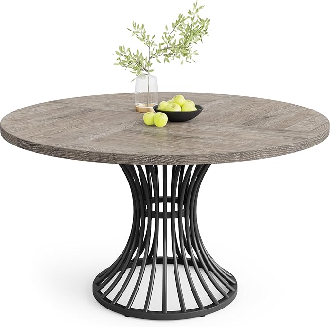 Tribesigns Round Dining Table for 4-6 People, 47-Inch Farmhouse Dinning Room Circle Kitchen Table, Industrial Dinner Table with Metal Base for Kitchen, Living Room, Gray