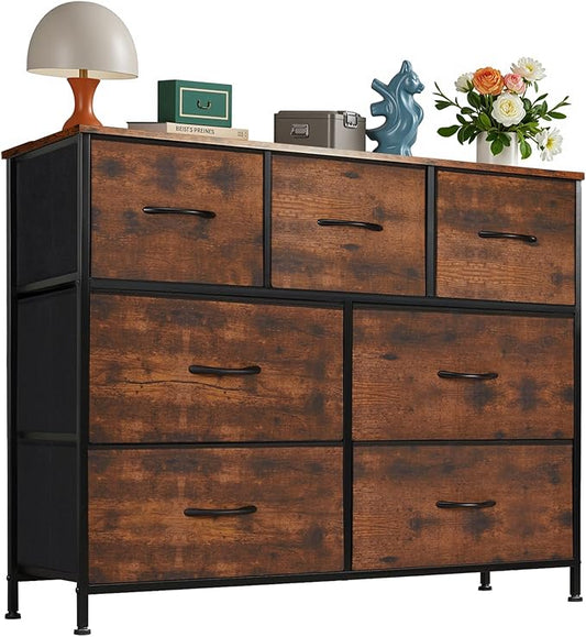 OLIXIS Dresser Nightstand for Bedroom, 7 Storage Drawers, Wide Fabric Closet Chests Organizer Tower Furniture, TV Stand with Wooden Top Frame for Clothes, Living Room, Hallway, Rust Brown