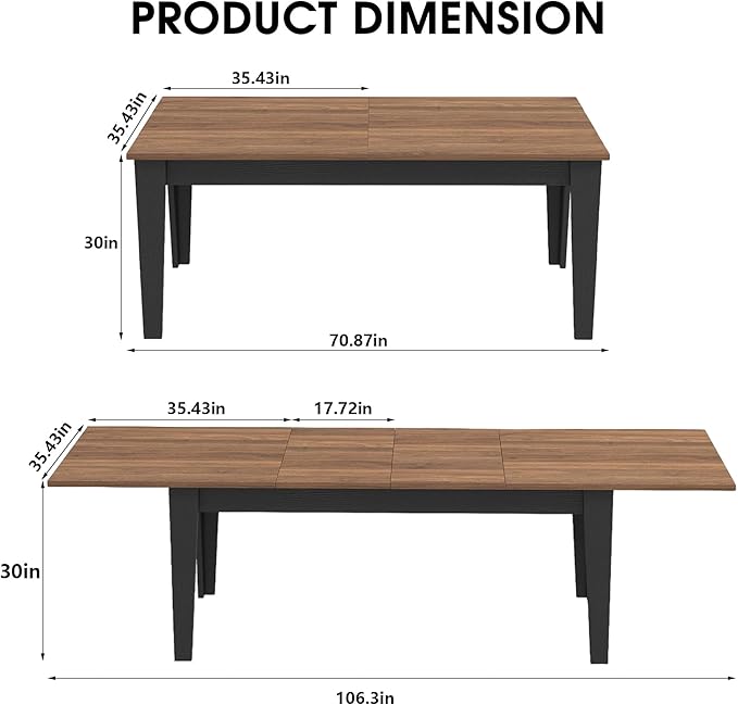 71" to 106" Expandable Dining Table, Modern Large Table for 6-10 People, Space-Saving Extendable Kitchen & Office Table, Brown and Black