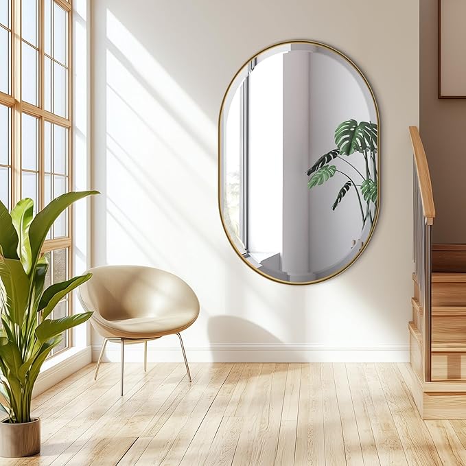 POZINO Modern Oval Beveled Mirror, 24"x36" Brushed Gold Bathroom Vanity Mirror Over Sink, Pill Shaped Capsule Wall Mounted Mirrors for Living Room Bedroom Entryway, Hangs Vertically or Horizontally