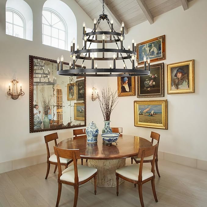 48 Inch Extra Large Black Wagon Wheel Chandelier, 3 Tier 36-Lights Farmhouse Pendant Light Fixture, Horse Wheel Lamp for High Ceiling Living Room, Dining Room, Hall, Porch, Stairs, Entrance, Passage