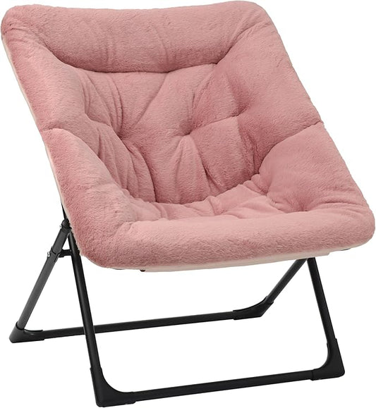 Comfy Saucer Chair for Adults, Soft Faux Fur Bedroom Chair, Accent Dorm Chairs, Flexible Living Room Reading Chairs, Oversized Folding Seat for Teens, X-Large, Dusky Pink