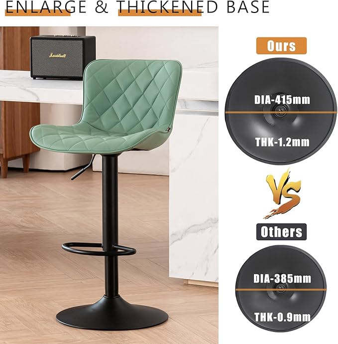 YOUNUOKE Bar Stools Set of 2 with Back Modern Faux Leather Swivel Counter Height Barstools Adjustable Tall Bar Stool Chairs for Kitchen Islands, Sea Green