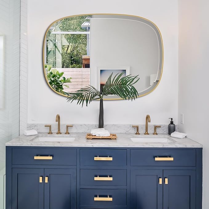 POZINO Bathroom Beveled Mirror, 24"x32" Brushed Gold Mirrors for Over Sink, Brass Rounded Rectangle Mirrors, Modern Vanity Wall Mirror in Premium Stainless Steel Frame, Horizontal or Vertical Hanging