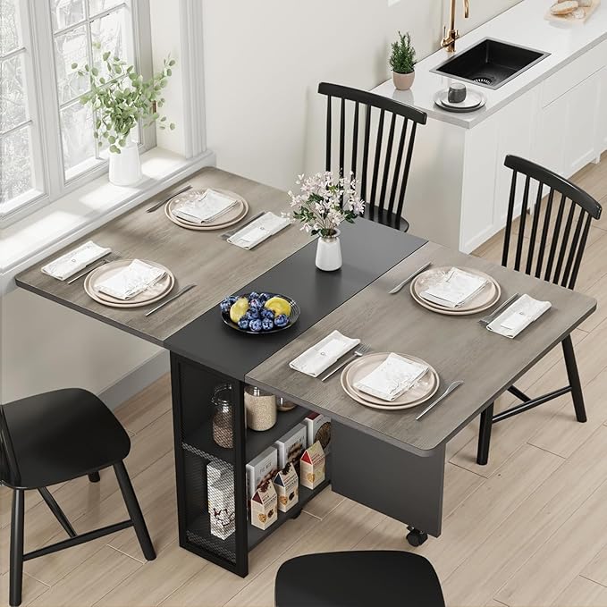 GarveeHome Folding Dining Table, Space Saving Farmhouse Dining Table for 4 Storage Shelf, 6 Wheels Multipose Expandable Kitchen Drop Leaf Table for Small Spac