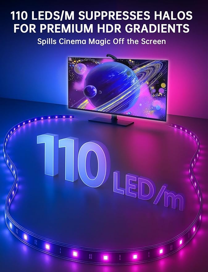 TV Backlight Sync to Screen with Sensor, 18ft RGB LED Light Strip for 75-85” Monitor, Smart App Control, Game & Music Sync Color Lighting