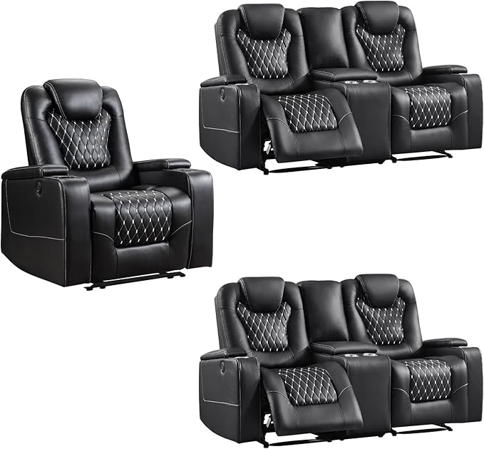 ANJ Power Recliner Sofa Set, Faux Leather Reclining Living Room Furniture Set, Included Single Recliner Chair and 2PC Loveseat Sofa, Black