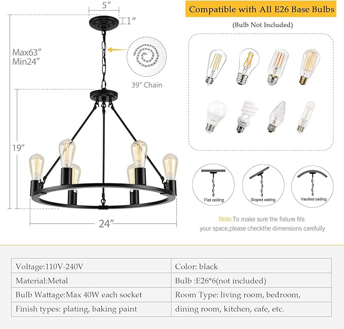 Black Chandelier, 6-Light Dining Room Light Fixture, Round Farmhouse Wagon Wheel Chandeliers for Dining Room Living Room Entryway Kitchen Island Dia 24"