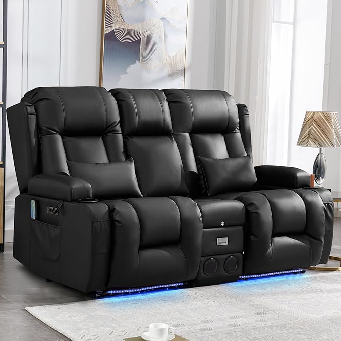 IPKIG Power Recliner Sofa with Flip-Up Backrest Console, USB & USB-C Ports, AC Outlet, LED Lights, Wall Hugger Recliners for Living Room, RV (Midnight Black, 67" - 3 Seat) | Breathable Leather, Zero Gravity, Dual Reclining, 2 Lumabr Pillow, Bluetooth S...