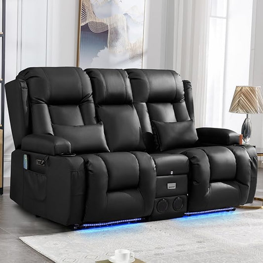 IPKIG Power Recliner Sofa with Flip-Up Backrest Console, USB & USB-C Ports, AC Outlet, LED Lights, Wall Hugger Recliners for Living Room, RV (Midnight Black, 67" - 3 Seat) | Breathable Leather, Zero Gravity, Dual Reclining, 2 Lumabr Pillow, Bluetooth S...