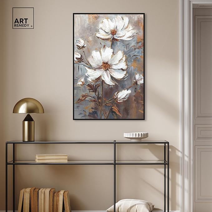 Art Remedy White Textured Flowers Canvas Elegant Floral Wall Art, Black Frame, 24" x 36"
