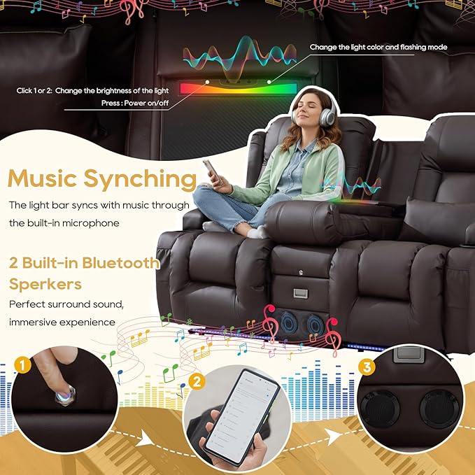 IPKIG Power Recliner Sofa with Flip-Up Backrest Console, USB & USB-C Ports, AC Outlet, LED Lights, Wall Hugger Recliners for Living Room, RV (Brown, 110.9" - 5 Seat) | Faux Leather, Zero Gravity, Dual Reclining, 2 Lumabr Pillow, Bluetooth Speakers