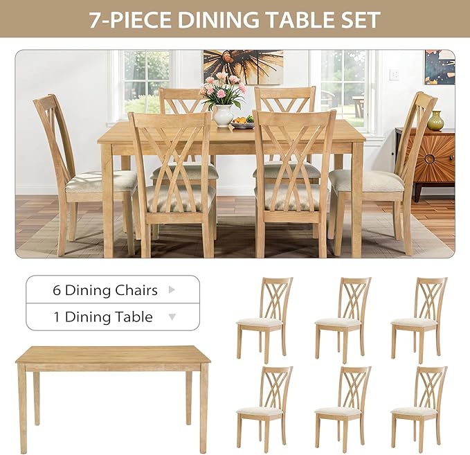 7-Piece Solid Wood Dining Table Set with 6 Upholstered Chairs, 60" L x 36" W Space Saving Dinner Table & Chairs Set, Dining Table Set for Dining Room, Kitchen, Restaurant, Natural Wood Color