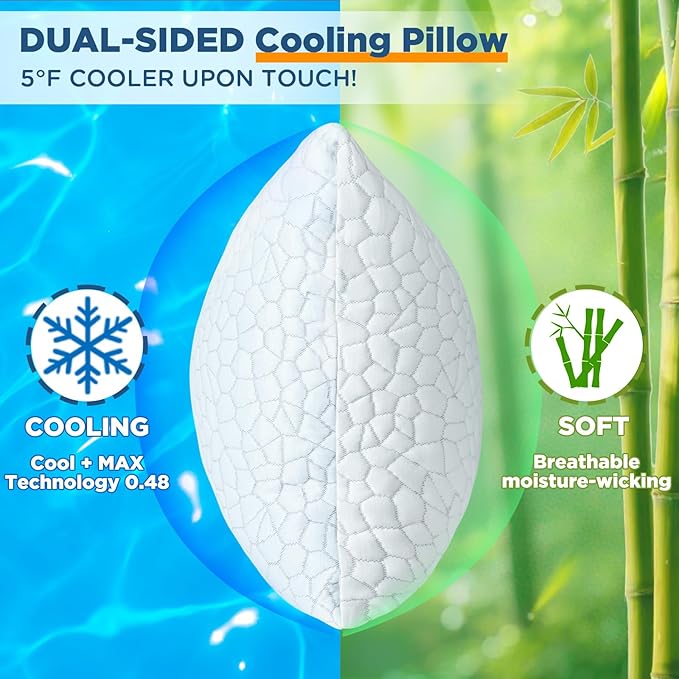 Cooling Pillow Queen Size Set of 2, CertiPUR-US Shredded Memory Foam Pillows, Cool Bed Pillows for Hot Sleepers Sleeping, Adjustable Firm Pillow for Side,Back,Stomach Sleepers,Sleep Gift for Mom