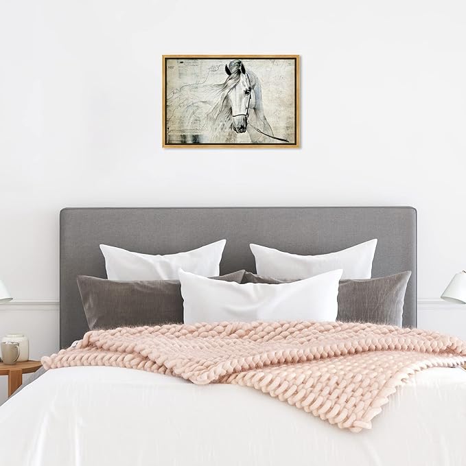 Country Farmhouse Canvas Print Painting Animal Wall Art 'Southern White Horse' Gold Framed Canvas Rustic Home Décor 24x16 in Gray, Brown by Oliver Gal