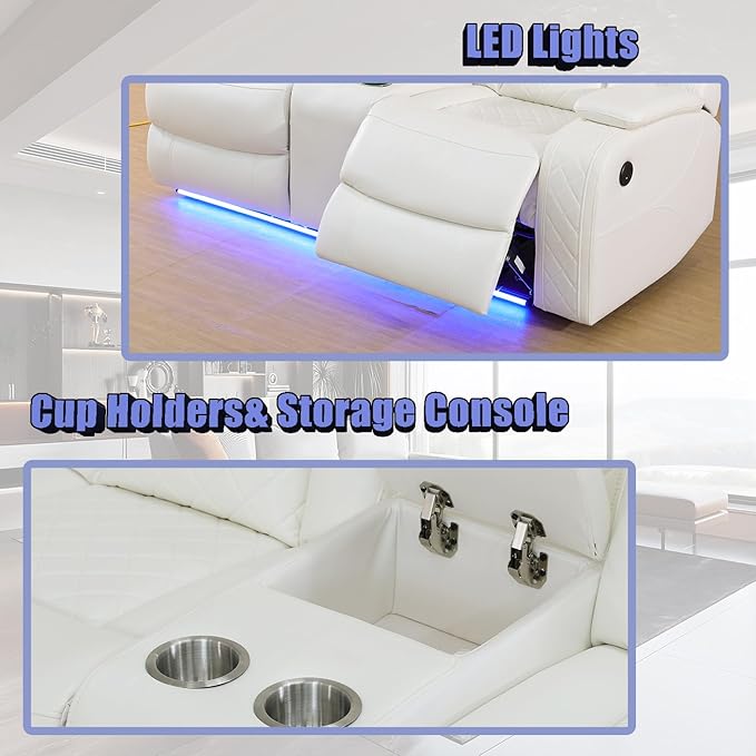 Ivory White Breathing Leather Power Reclining Sectional Sofa Set, Leather Recliner Sofa with LED Light, Living Room Furniture Sets with Storage Console/Cup Holder/USB Port for RV/Home Theater