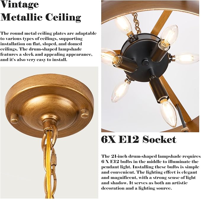 Gold Chandelier Light Fixture, 21" Drum Chandeliers with 2-Layer Antique Bronze Metal Shade, 6-Lights Large Pendant Light Fixture, Chandeliers for Dining Room Bedroom Living Room Kitchen Island Foyer