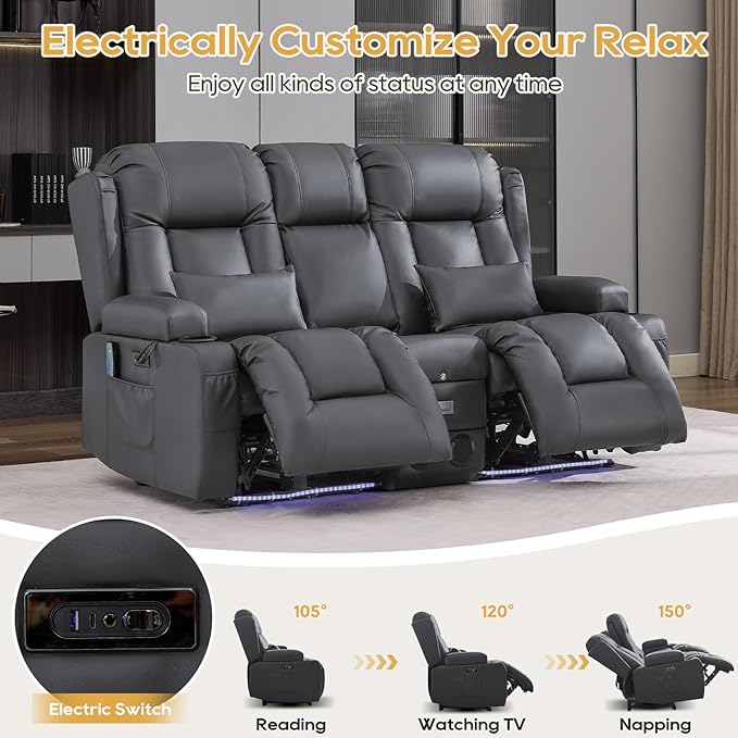 IPKIG Power Recliner Sofa with Flip-Up Backrest Console, USB & USB-C Ports, AC Outlet, LED Lights, Wall Hugger Recliners for Living Room, RV (PU Grey, 67" - 3 Seat) | Faux Leather, Zero Gravity, Dual Reclining, 2 Lumabr Pillow, Bluetooth Speakers