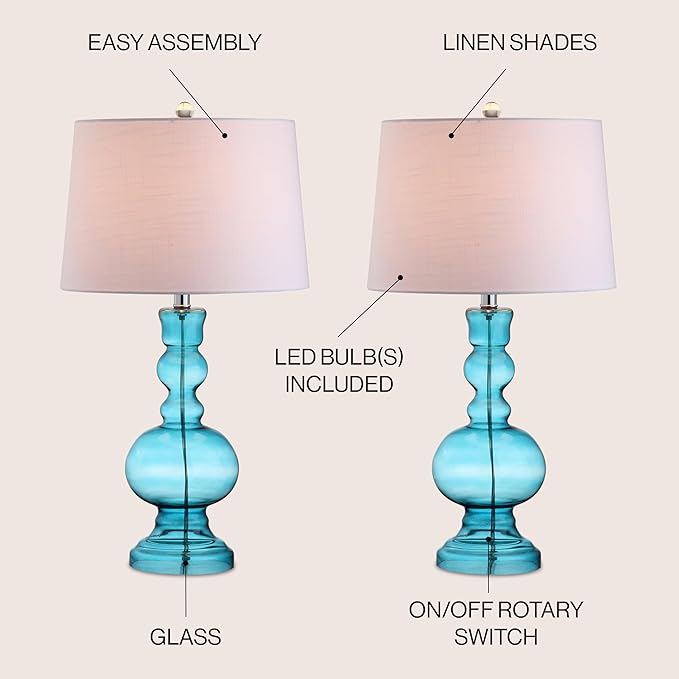 JONATHAN Y 28.5" Blue Glass Table Lamp Set of 2 for Living Room Bedroom Decor, Modern Bedside Lamps with White Linen Shade, LED Bulbs Included JYL1061A-SET2