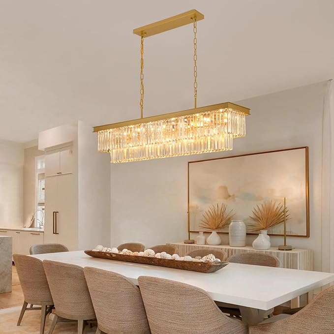 Crystal Chandeliers for Dining Room Light Fixtures Over Table，18-Lights Gold Modern Rectangle Chandeliers for Kitchen Island Bar L46 Inch