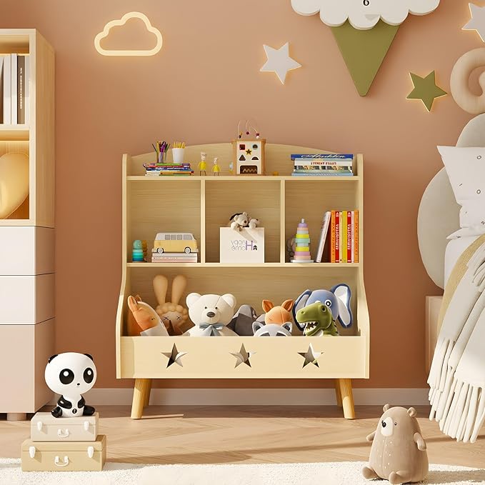 Cube Bookshelf Storage Organizer Bookcase, Wide Open Storage Bookcase for Toddlers, Freestanding Display Bookshelve, Modern Toy Shelf for Bedroom, Living Room, Nursery and Classroom(Oak)
