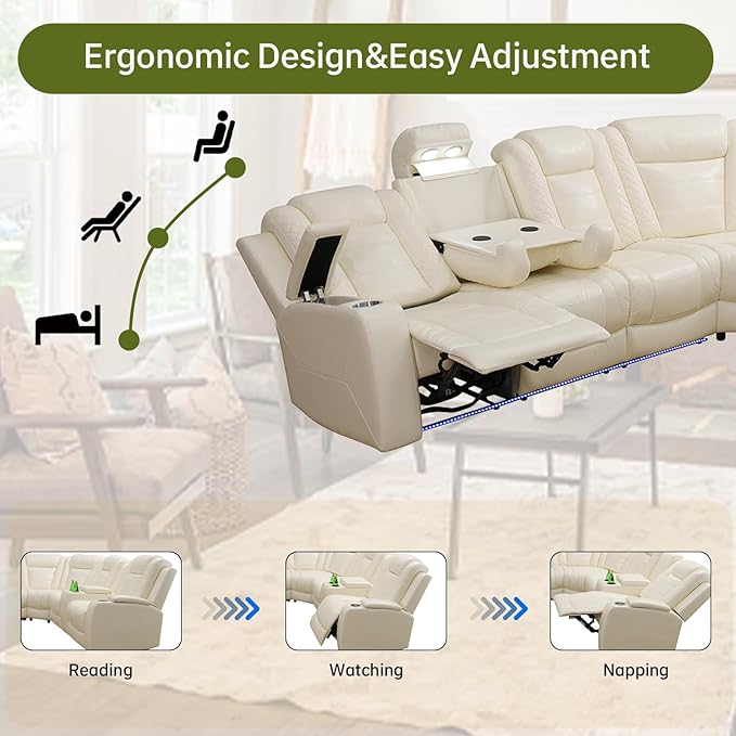 Electric Power Recliner Sectional with Quiet Adjustable Seating, Air Leather Couch for Home Theater Experience, Wireless Power, Cup Holders, Storage Design for Modern Living Room, White