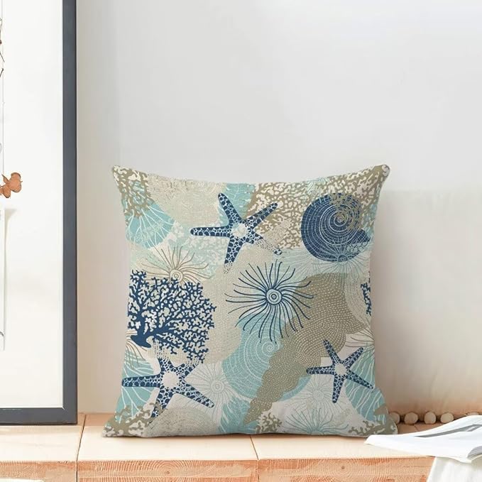 Nautical Coastal Throw Pillow Cover 18X18 Inch Pack of 2,Summer Beach Ocean Themed Decorative Pillow Covers Square Linen Starfish Seashell Pillow Cases Cushion for Bedroom Home Sofa Decoration