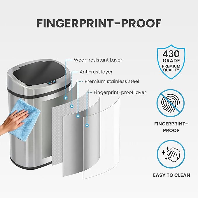 iTouchless 13 Gallon Oval Sensor Trash Can with AC Adapter & Odor Filter, 50L Automatic Kitchen Bin, Fingerprint-Proof Stainless Steel, Hands-Free Motion Lid, Quiet Soft-Close, Brushed Silver