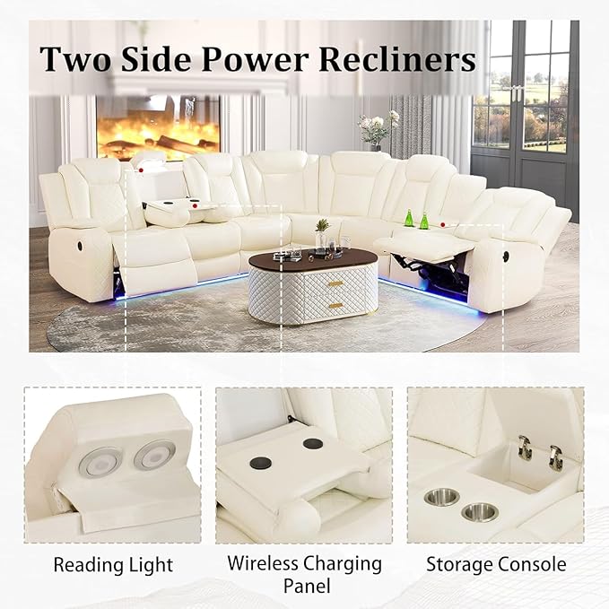 Breathing Leather Recliner Sectional Set, L Shaped Couch and Recliner Set with LED Light/Cup Holders/USB Port, Reclining Sectional Sofa 7 Seat Living Room Furniture (Cream White)