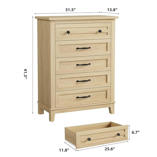 GarveeHome 5 Dresser for Bedroom, 41.3 in Tall Vertical Drawer Dresser with Large Storage, Freestanding Wooden Closet Chest for Bedroom, Living Room, Natural Oak