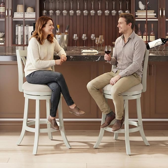 Swivel Bar Stools Set of 6,26 Inch Counter Height Barstool with Silent Rotation, High-Density Foam Cushion, Solid Wood Frame, Footrest & Anti-Slip Pads for Kitchen Islands and Home Bars (White)