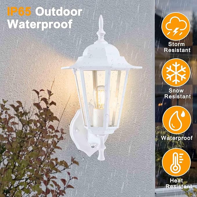 Outdoor Wall Lantern, Dusk to Dawn Exterior Wall Sconce with Clear Glass, Waterproof White Aluminum Porch Light, Anti-Rust Outside Lighting Fixtures for Patio Front Door Entryway, 1-Pack