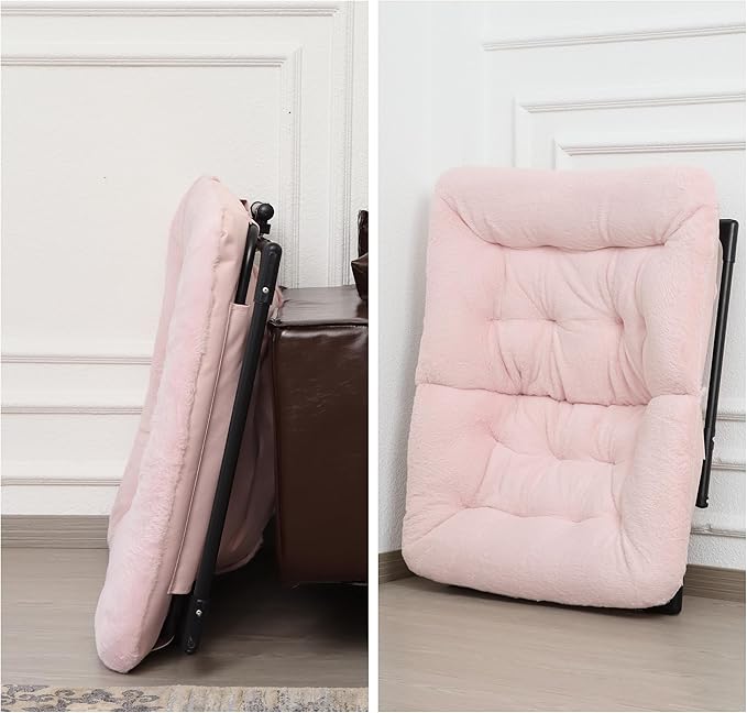 Comfy Saucer Chair for Adults, Soft Faux Fur Bedroom Chair with Ottoman, Accent Dorm Chairs, Living Room Reading Chairs and Footstool, Folding Seat for Teens, X-Large, Light Pink