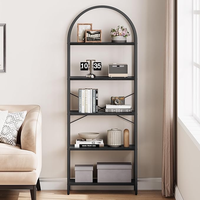 GarveeHome Arched Bookshelf 5 Tier Tall Bookcase Modern Standing Bookshelves Metal Storage Rack Shelf Wood Book Shelf for Bedroom, Living Room, Home Office