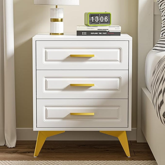 Giluta White Nightstand with 3 Drawers, Modern Night Stand with Gold Solid Metal Legs & Handles, Wood Bedside Table, Sofa End Side Table for Bedroom