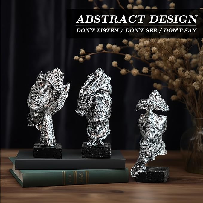 3 Pcs Thinker Statue, Silence is Silvery Abstract Art Figurine, Modern Home Resin Decorative Objects Decor for Home Office Bookshelf Desktop,No Hear No See No Speak Knick Knacks