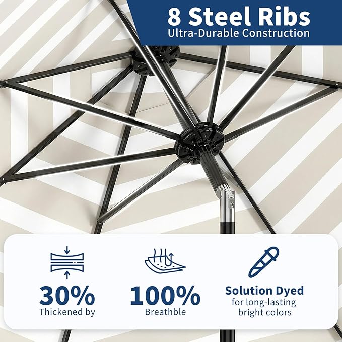 Garvee 10 ft Outdoor Patio Umbrella 8 Sturdy Ribs Outdoor Table Umbrella with Crank Lift & Push Button Tilt UV Protection Waterproof Market Umbrellas for Pool Deck Yard Garden Tan & White Stripes