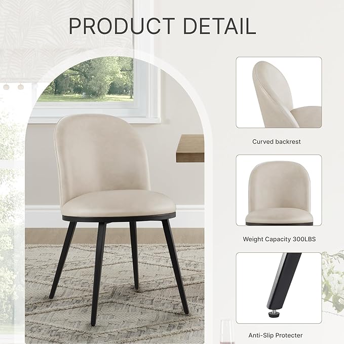 Dining Chairs Set of 2, Faux Leather Upholstered Dining Room Chairs with Ergonomic Backrest & Metal Legs, Modern Kitchen Side Chairs for Home, Restaurant, and Café, Beige