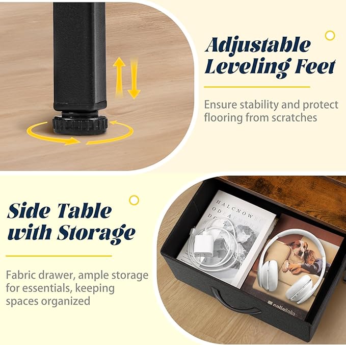 Night Stand with Charging Station, Bedside Table with Adjustable Fabric Drawers, End Table with LED Lights, Side Table with USB Ports Open Shelf for Bedroom, Black