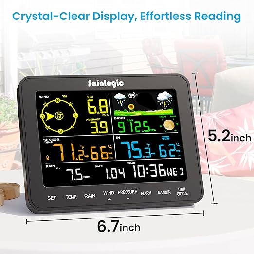 Sainlogic Weather Stations Wireless Indoor Outdoor, Weather Station with Rain Gauge and Wind Speed, Weather Forecast, Temperature, Air Pressure, Humidity, Moon Phase, Alarm Clock(No WiFi)