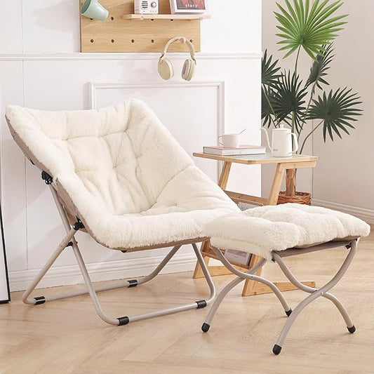 Saucer Chair with Ottoman, Oversized Dorm Chairs, X-Large Faux Fur Folding Chair, Foldable Metal Frame Chair for Bedroom, Living Room (Beige)