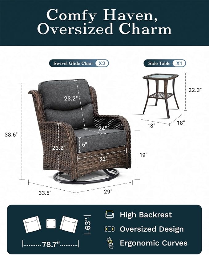 High Back Outdoor Furniture with Extra Thick Cushion Patio Swivel Rocking Chairs, 3PCS Oversized Comfort Wicker Conversation Set for Porch, Deck, Yard in Dark Gray