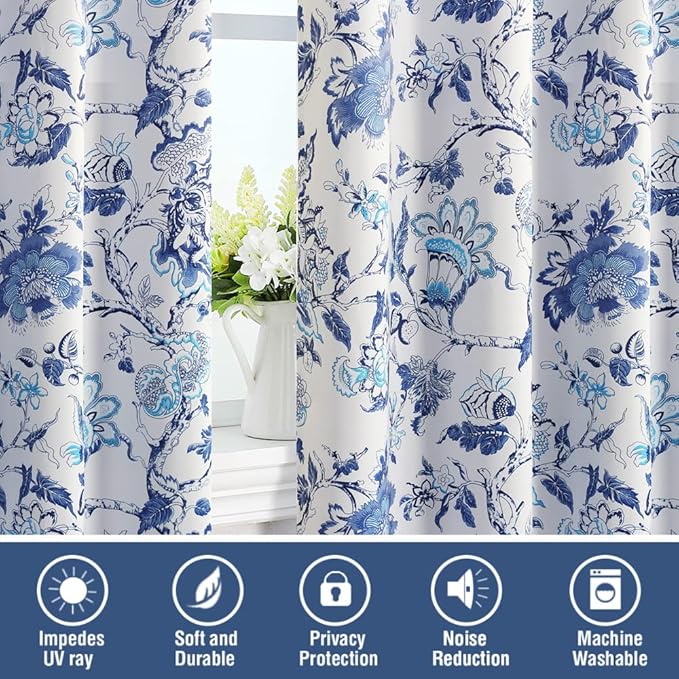 H.VERSAILTEX Blackout Curtains 96 Inch Length 2 Panels Set Floral Print Curtain Drapes for Living Room Thermal Insulated Grommet Window Curtains for Bedroom - Traditional Floral in Blue and White