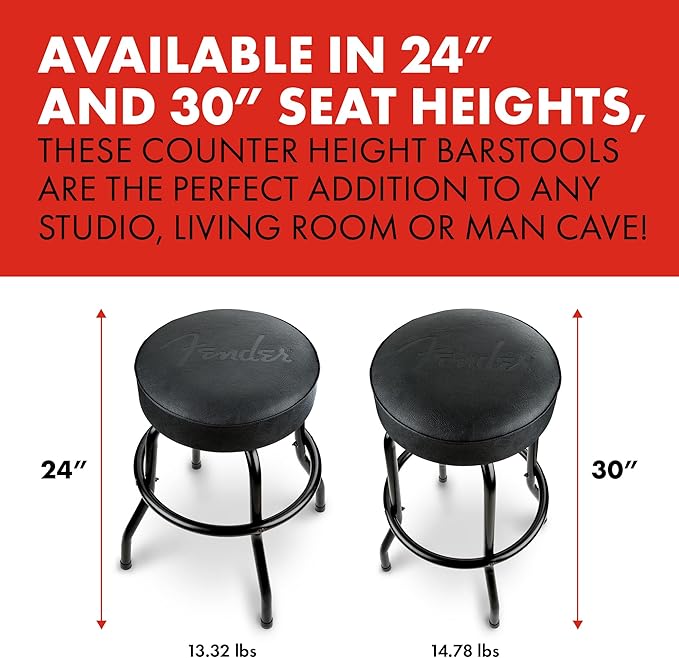 Fender Embossed Black Logo Swivel Barstool, Great Gifts for Dad, with 1 Year Limited Warranty, Simple Assembly, Black/Black, 24"