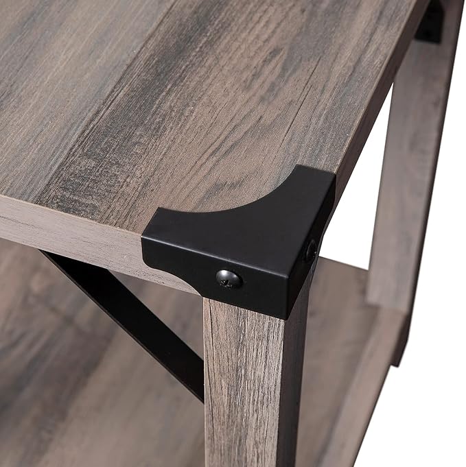 Flash Furniture Wyatt Modern Farmhouse 2 Tier Side Table - Gray Wash Engineered Wood Frame - Black Metal Crisscross Side Braces and Corner Accents